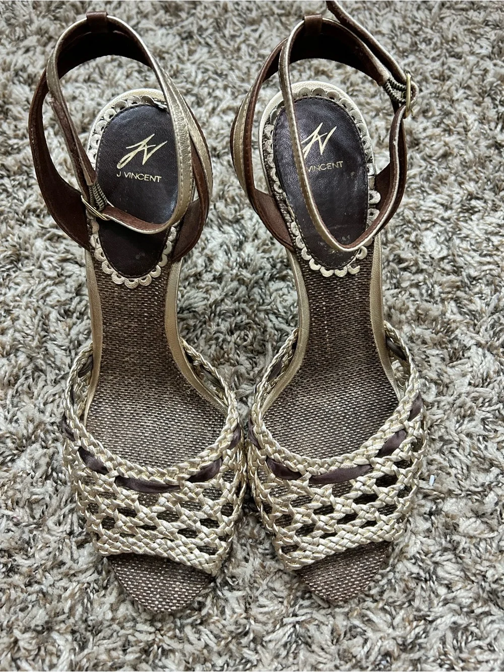 JV J Vincent Leather Woven Gold Ankle Strap Heels Peep Toe Womens Sz 9